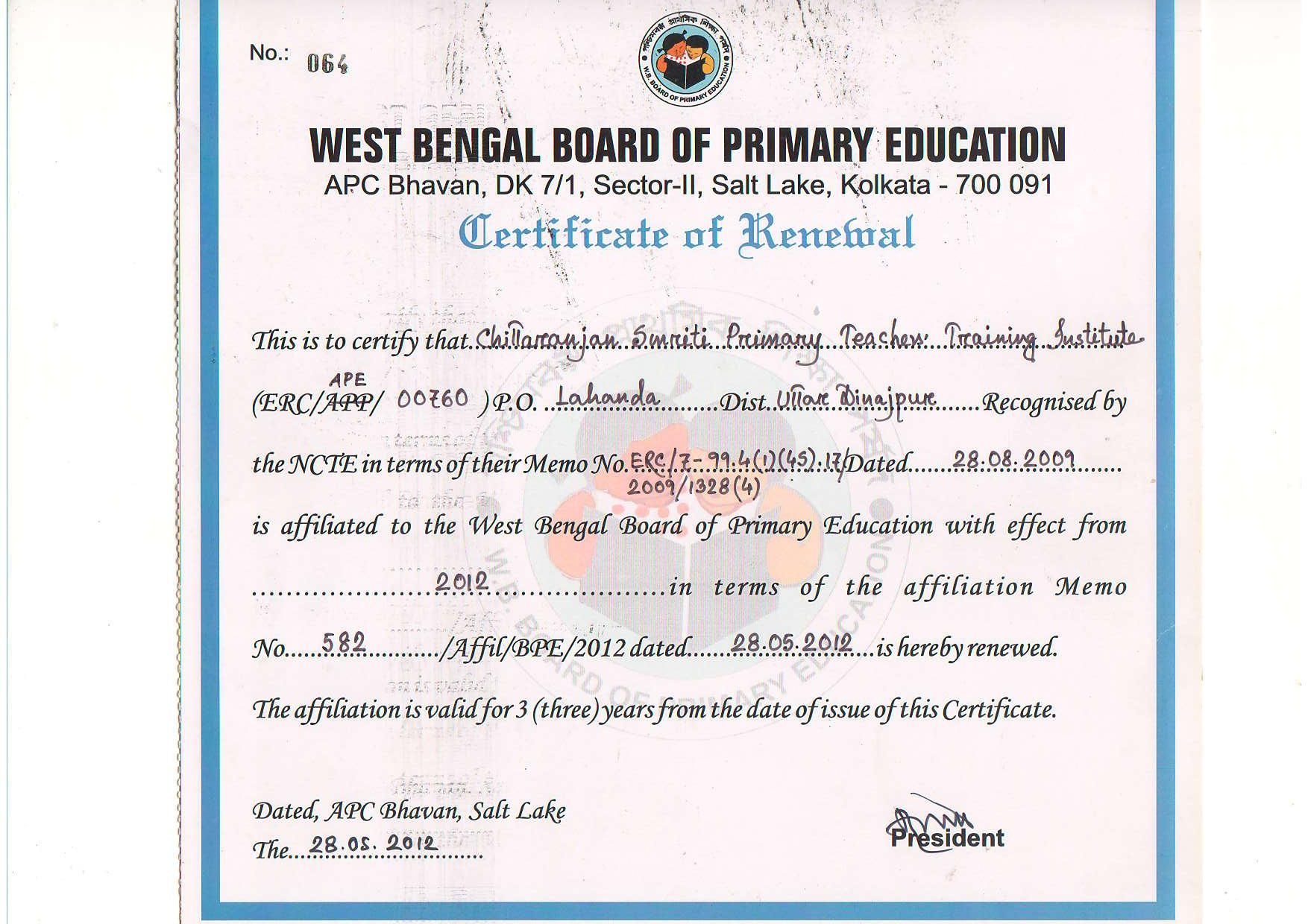 WBBPE CERTIFICATE OF RENEWAL Chittaranjan Smriti Primary Teacher s